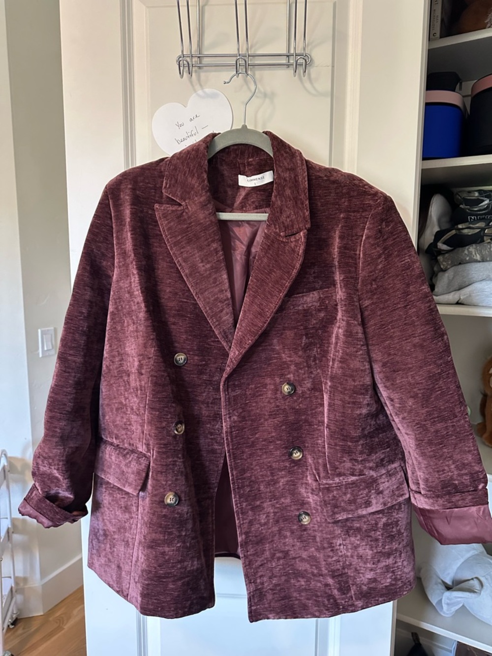 Double-Breasted Velvet Blazer Jacket - Burgundy
